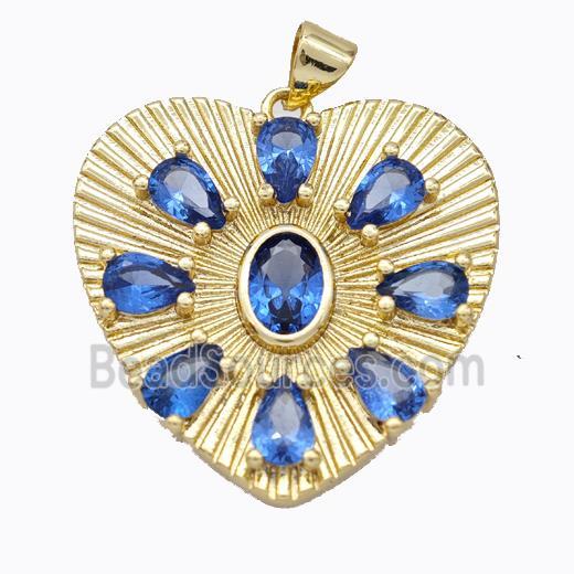 Copper Heart Pendant Micropave Blue Zirconia Gold Plated