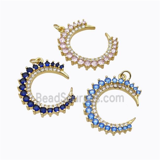 Copper Crescent Moon Pendant Micropave Zirconia Gold Plated Mixed