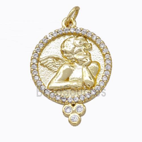 Copper Angel Pendant Micropave Zirconia Circle Gold Plated