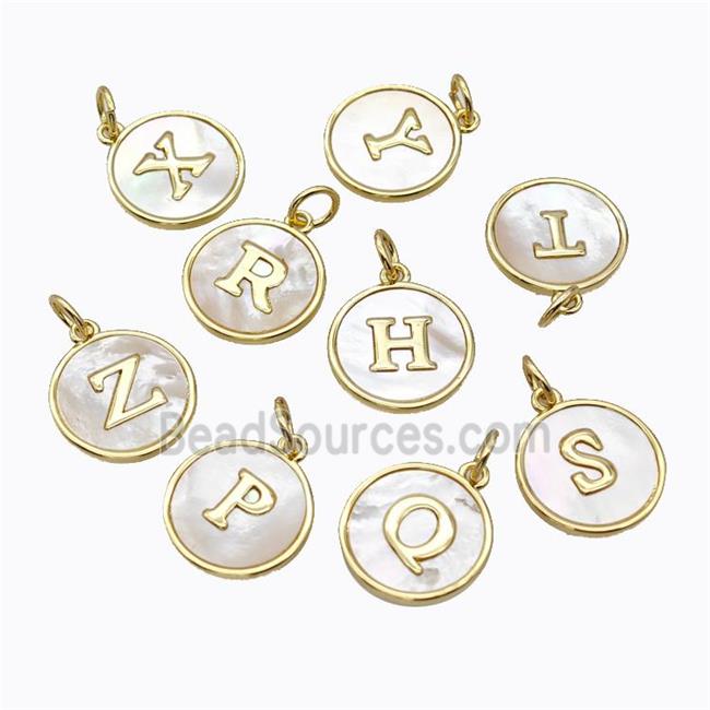 Copper Letter Pendant Micro Pave Shell Circle Mixed Alphabet Gold Plated