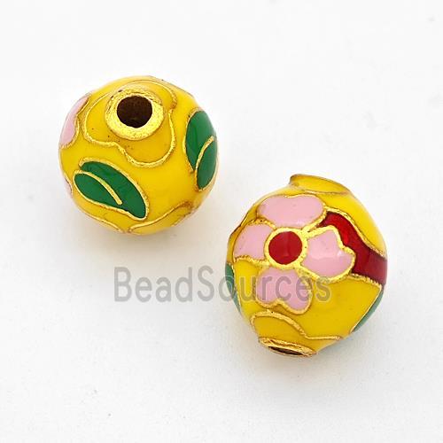 Copper Round Beads Cloisonne Multicolor Flower Gold Plated