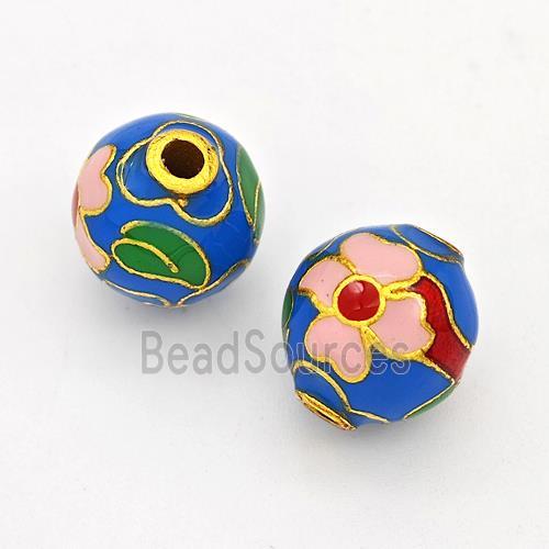 Copper Round Beads Cloisonne Multicolor Flower Gold Plated