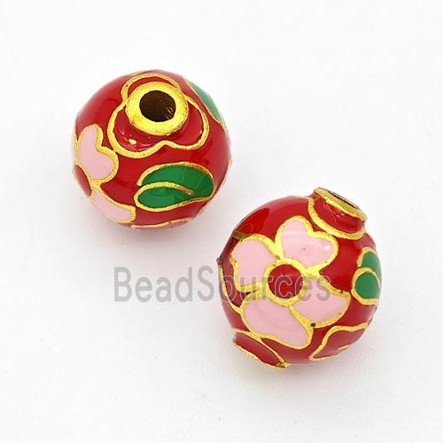 Copper Round Beads Cloisonne Multicolor Flower Gold Plated