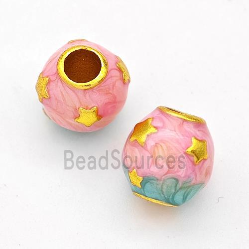 Copper Round Beads Pink Painted Large Hole Gold Plated