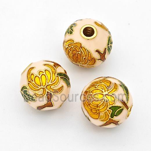 Copper Round Beads Cloisonne Multicolor Flower Gold Plated