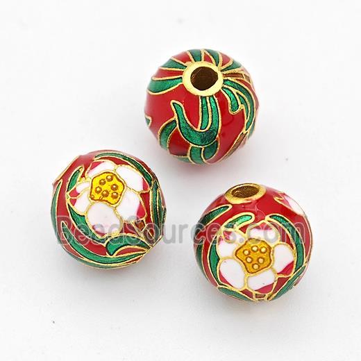 Copper Round Beads Cloisonne Multicolor Flower Gold Plated