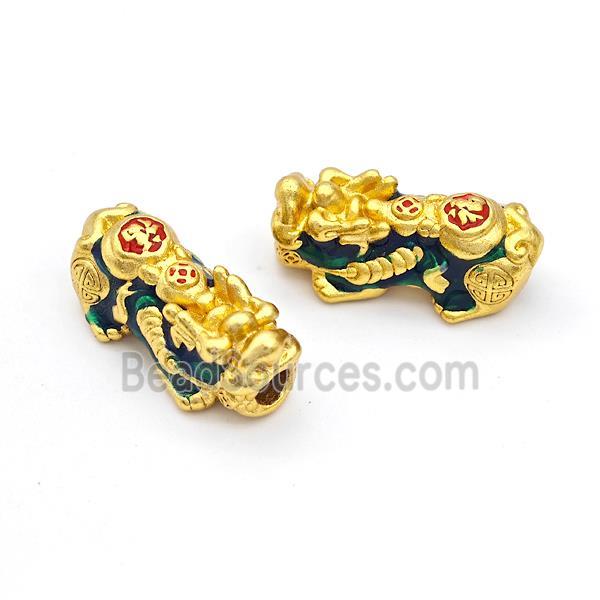 Copper Pixiu Charms Beads Darkgreen Enamel Large Hole Gold Plated