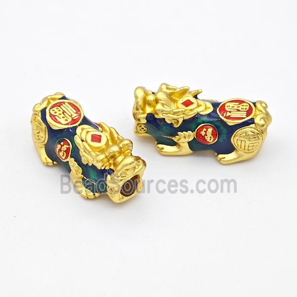 Copper Pixiu Charms Beads Bluegreen Enamel Large Hole Gold Plated