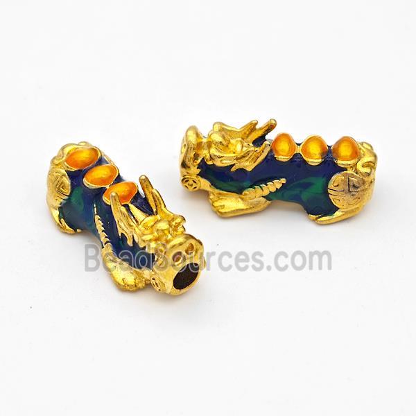 Copper Pixiu Charms Beads Bluegreen Enamel Large Hole Gold Plated