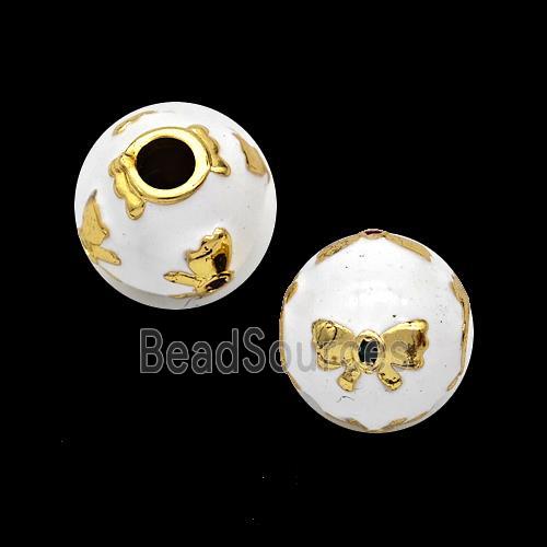 Copper Round Beads White Enamel Butterfly Gold Plated