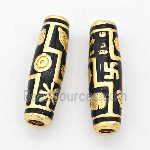 Copper Rice Beads Black Enamel Large Hole Gold Plated