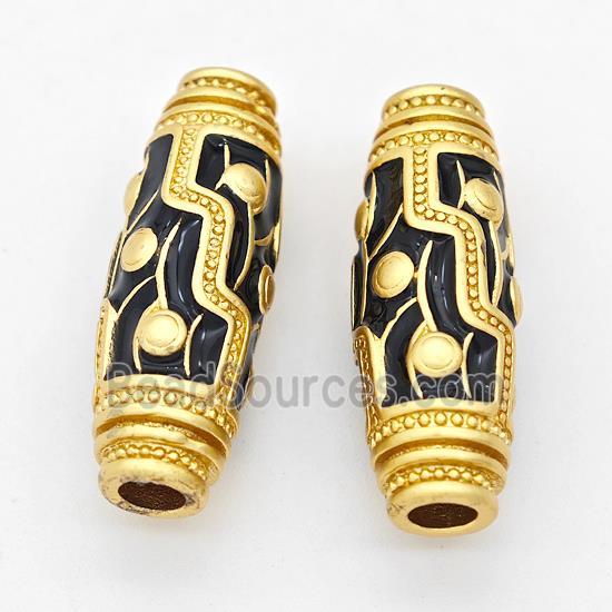 Copper Rice Beads Black Enamel Large Hole Gold Plated