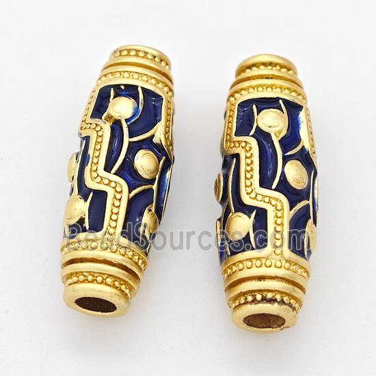 Copper Rice Beads Darkblue Enamel Large Hole Gold Plated