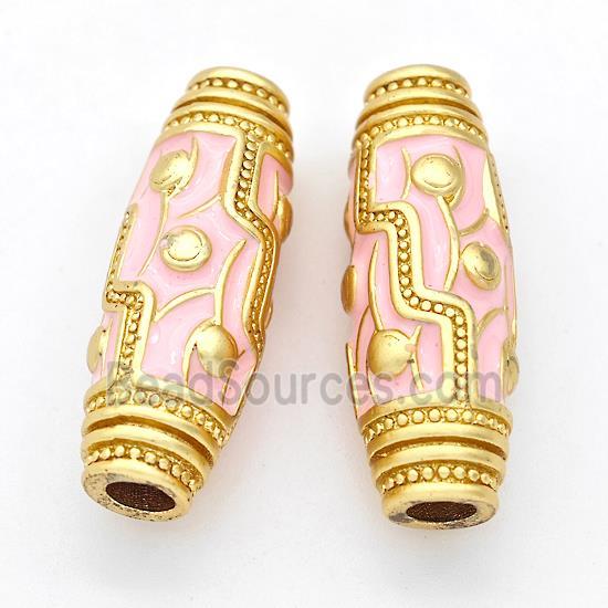 Copper Rice Beads Pink Enamel Large Hole Gold Plated