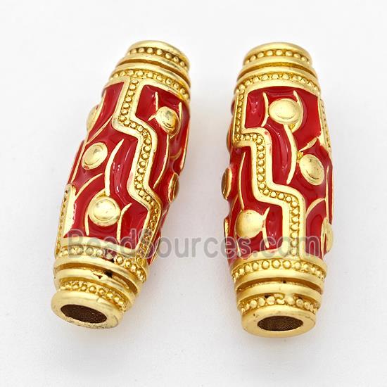 Copper Rice Beads Red Enamel Large Hole Gold Plated