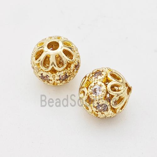 Copper Round Beads Micro Pave Zirconia Hollow Gold Plated