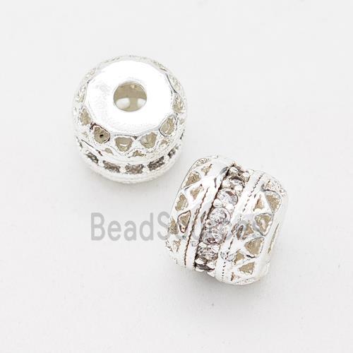 Copper Rondelle Beads Micro Pave Zirconia Hollow Shiny Silver