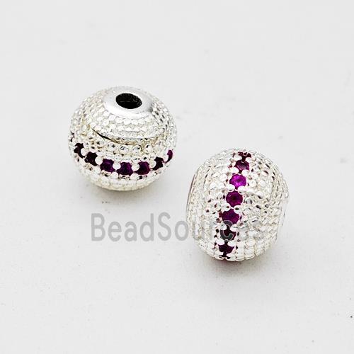 Copper Round Beads Micro Pave Fuchsia Zirconia Shiny Silver