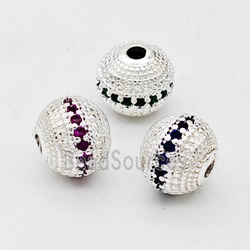 Copper Round Beads Micro Pave Zirconia Shiny Silver Mixed