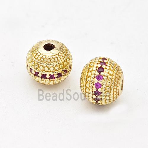 Copper Round Beads Micro Pave Fuchsia Zirconia Gold Plated