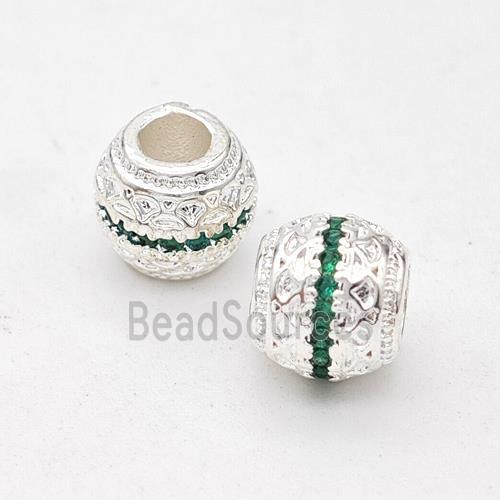 Copper Round Beads Micro Pave Green Zirconia Large Hole Shiny Silver