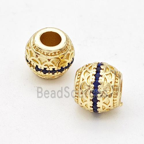 Copper Round Beads Micro Pave Blue Zirconia Large Hole Gold Plated