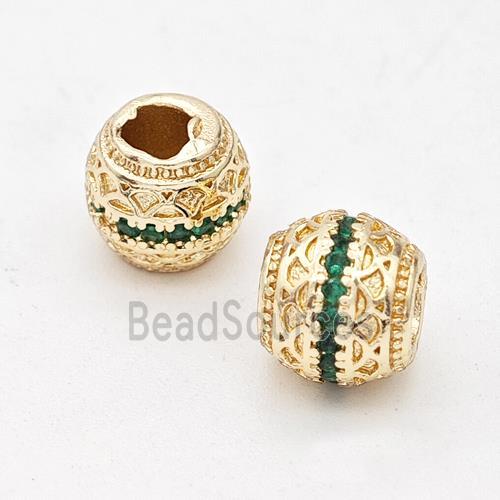 Copper Round Beads Micro Pave Green Zirconia Large Hole Gold Plated