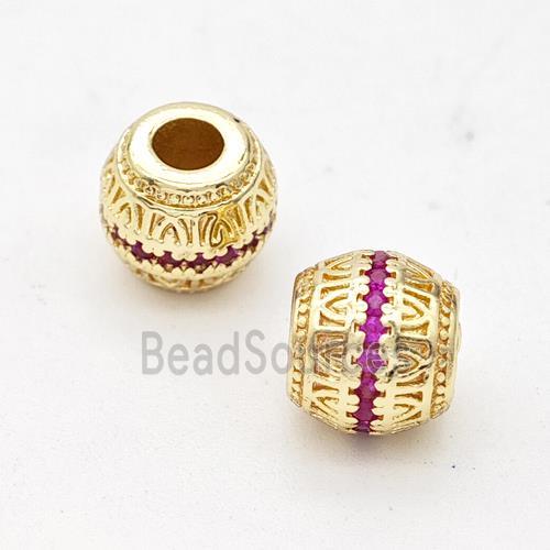 Copper Round Beads Micro Pave Fuchsia Zirconia Large Hole Gold Plated