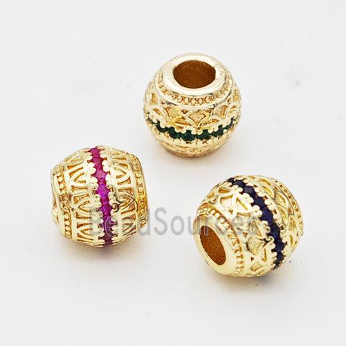 Copper Round Beads Micro Pave Zirconia Large Hole Gold Plated Mixed