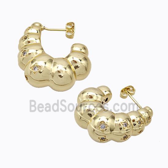 Copper Stud Earrings Micro Pave Zirconia C-Shape Hollow Gold Plated