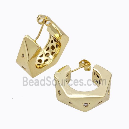 Copper Stud Earrings Micro Pave Zirconia C-Shape Hollow Gold Plated