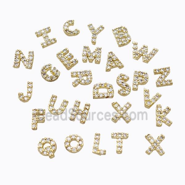 Copper Alphabet Beads Pave Zirconia Without Hole Gold Plated Mixed