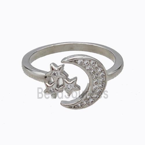 Copper Moon Ring Pave Zirconia Star Platinum Plated