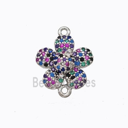 Copper Flower Connector Micropave Zirconia Multicolor Platinum Plated