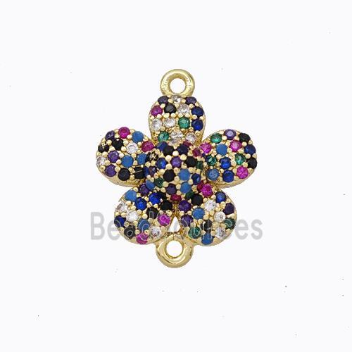 Copper Flower Connector Micropave Zirconia Multicolor Gold Plated