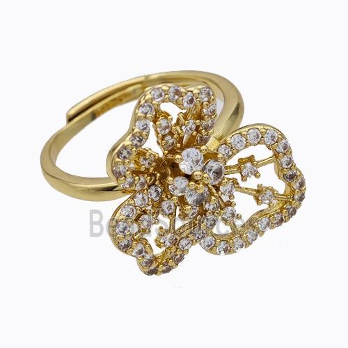 Copper Flower Rings Micropave Zirconia Adjustable Gold Plated