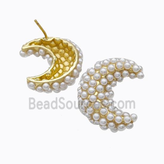 Copper Moon Stud Earrings Micropave Pearlized Resin Gold Plated