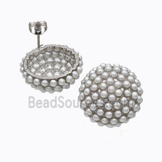 Copper Stud Earrings Micropave Pearlized Resin Button Platinum Plated