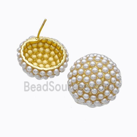 Copper Stud Earrings Micropave Pearlized Resin Button Gold Plated