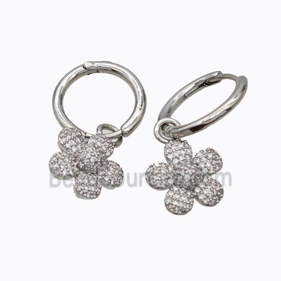 Copper Flower Hoop Earrings Pave Zirconia Platinum Plated