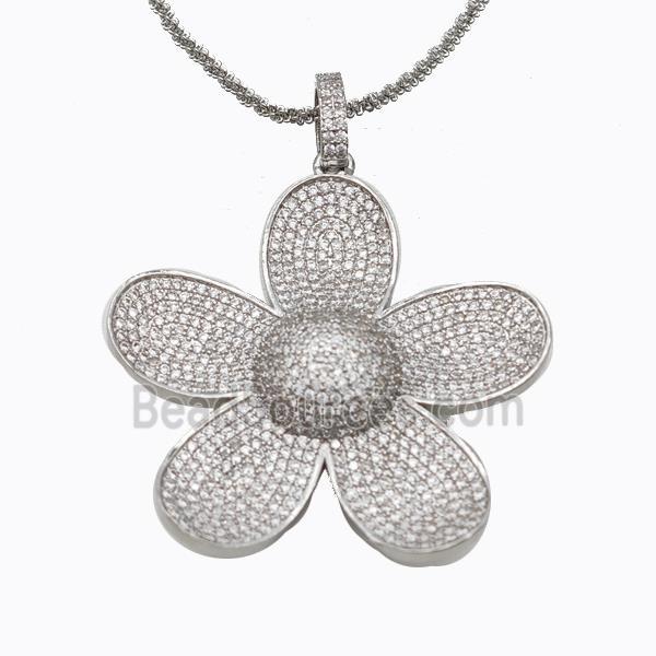 Copper Flower Necklace Pave Zirconia Platinum Plated