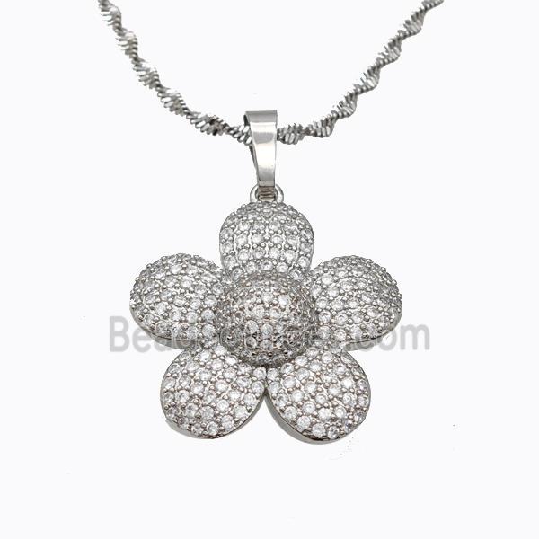 Copper Flower Necklace Pave Zirconia Platinum Plated