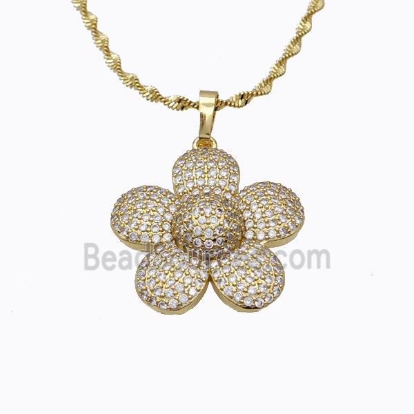 Copper Flower Necklace Pave Zirconia Gold Plated