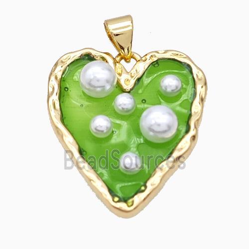 Copper Heart Pendant Pave Pearlized Resin Green Gold Plated