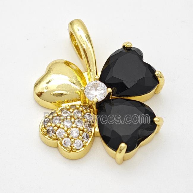 Copper Clover Pendant Pave Zirconia Black Crystal Glass Gold Plated