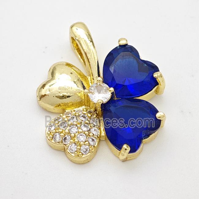 Copper Clover Pendant Pave Zirconia Blue Crystal Glass Gold Plated