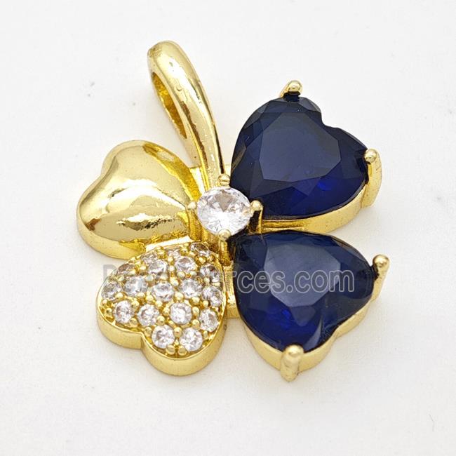 Copper Clover Pendant Pave Zirconia Darkblue Crystal Glass Gold Plated