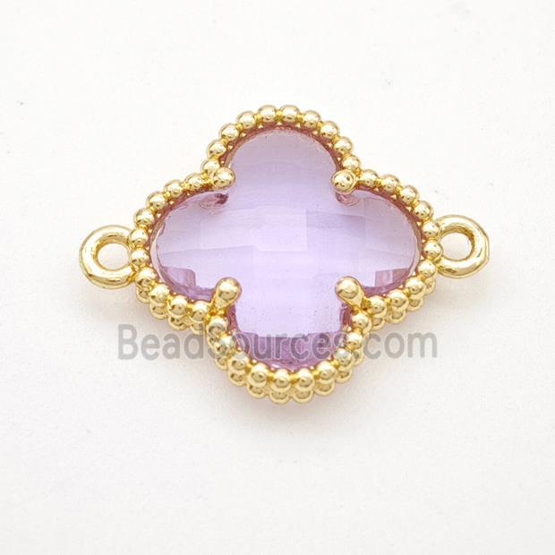 Lavender Crystal Glass Copper Clover Connector Gold Plated