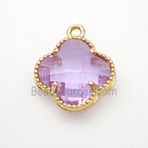 Lavender Crystal Glass Copper Clover Pendant Gold Plated