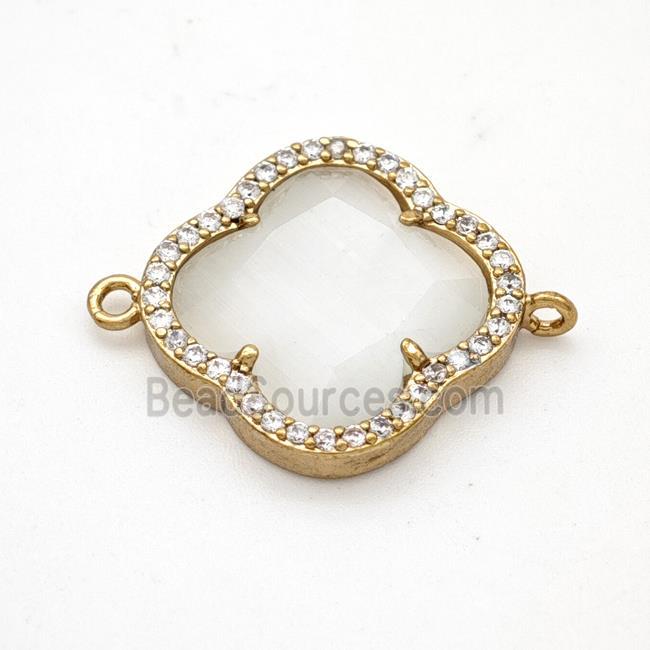 White Cats Eye Glass Copper Clover Connector Pave Zirconia Gold Plated